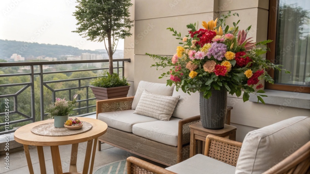 Fototapeta premium Brightly colored blooms contrast against the neutral tones of the furniture while the small balcony offers an intimate setting for friendly gatherings. Natural elements blend with
