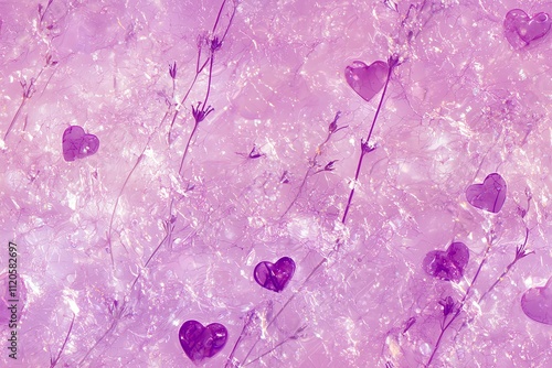 Ethereal lavender and pearl background with floating heart silhouettes, gossamer-like luminescent effect photo