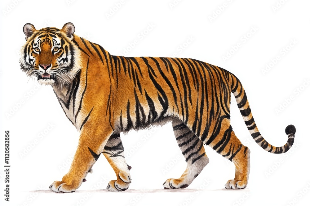 Obraz premium Majestic Tiger Walking Gracefully in Natural Habitat, Showcasing Distinctive Orange and Black Stripes, Capturing Strength and Beauty of This Iconic Wild Cat