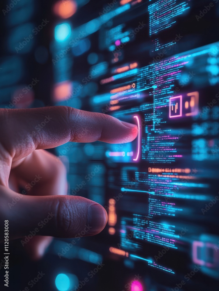 Touch the future concept with man finger on virtual touch screen with loading bar element icon and programming code Touch the future concept with man finger on virtual touch screen with loading bar element icon and programming code