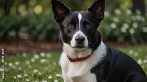 Black and white dog sitting in grass, looking at camera.