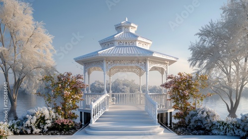Wallpaper Mural A serene, white gazebo surrounded by frosty trees by a tranquil body of water. Torontodigital.ca