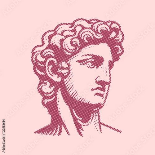 male statue, classical style, retro halftone illustration