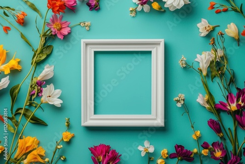 Vibrant floral arrangement with a white picture frame on a turquoise background, showcasing a beautiful and artistic presentation of various flowers. photo