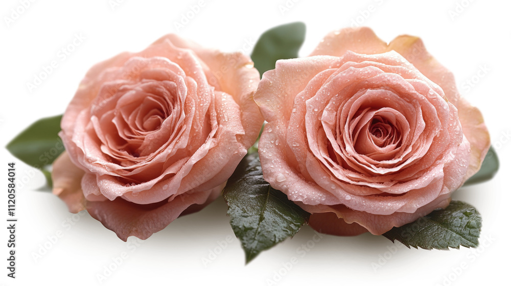 Two exquisite pink roses adorned with delicate dew droplets rest on vibrant green leaves, showcasing their beauty and freshness. Perfect for decor, botanical themes, or floral arrangements. Two exquisite pink roses adorned with delicate dew droplets rest on vibrant green leaves, showcasing their beauty and freshness. Perfect for decor, botanical themes, or floral arrangements.
