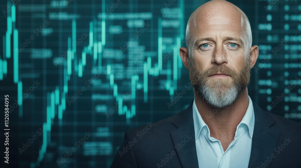 Confident Bald Man in Business Suit against Data Background Confident Bald Man in Business Suit against Data Background