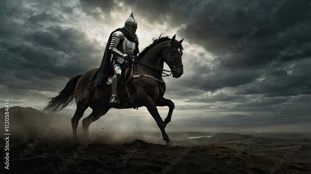 A solitary knight clad in armor rides a powerful black horse across a rugged terrain illuminated by ominous storm clouds at dusk evoking a sense of adventure A solitary knight clad in armor rides a powerful black horse across a rugged terrain illuminated by ominous storm clouds at dusk evoking a sense of adventure