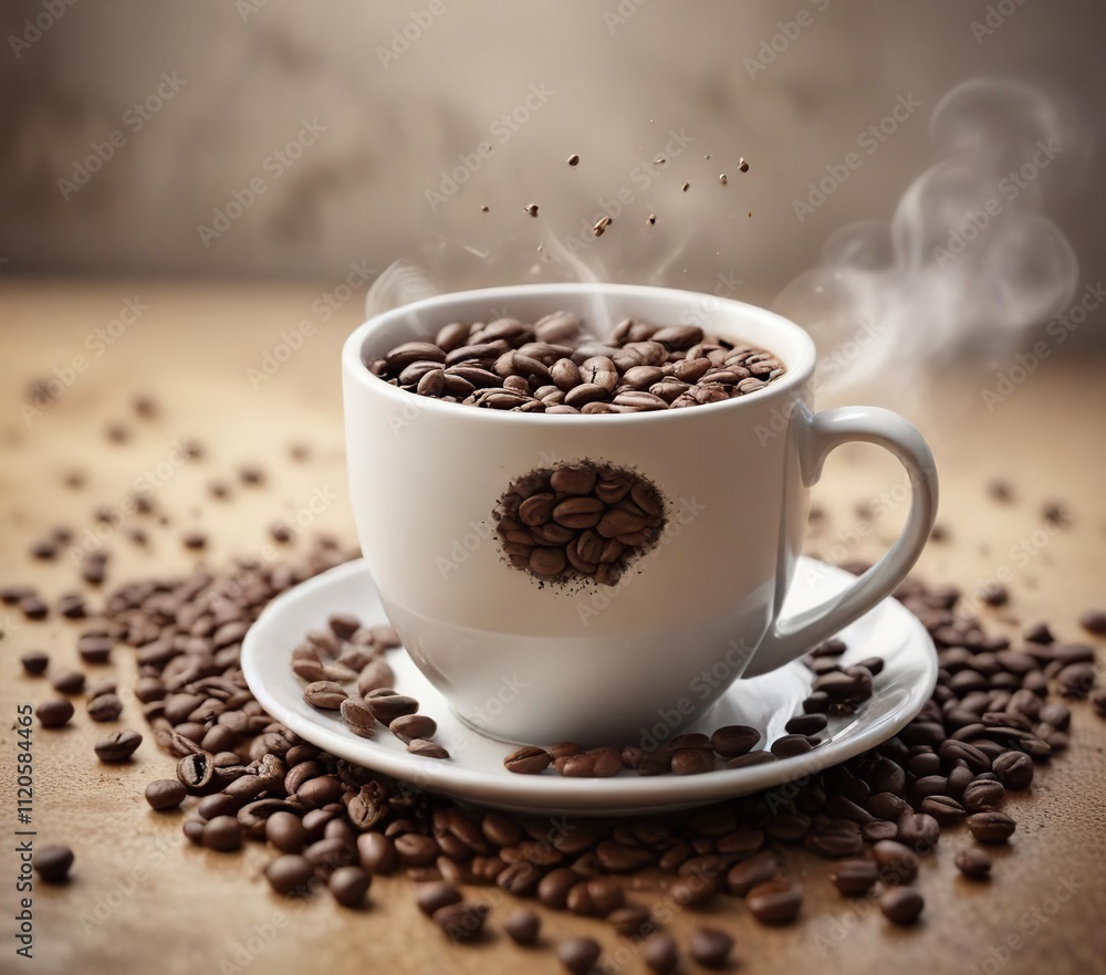 Aromatic coffee bean floating in a cup of steaming hot coffee , coffee beans, morning drink, warm liquid Aromatic coffee bean floating in a cup of steaming hot coffee , coffee beans, morning drink, warm liquid