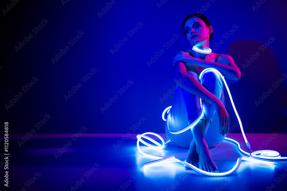 Obraz premium Young woman in neon lights sitting against dark blue background in studio