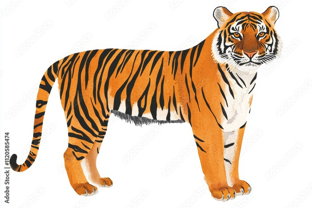Fototapeta premium Realistic Illustration of a Majestic Tiger with Striking Orange and Black Stripes Captivating the Essence of Wild Nature and Strength in Animal Art