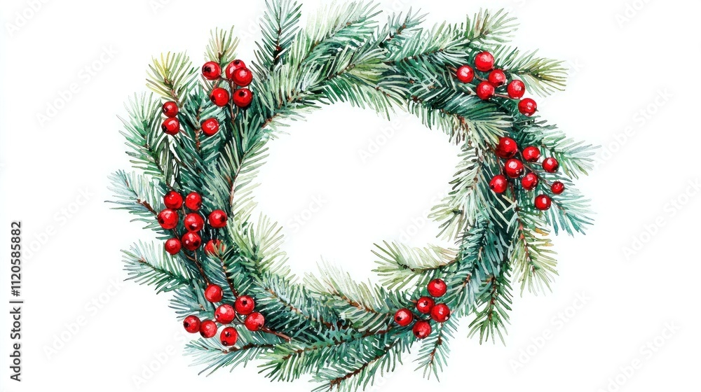 Christmas wreath made of evergreen pine branches with vibrant red berries, perfect for holiday decor and seasonal celebrations. Traditional festive design. Christmas wreath made of evergreen pine branches with vibrant red berries, perfect for holiday decor and seasonal celebrations. Traditional festive design.