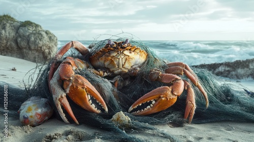 Dead crabs entangled in plastic fishing net on beach, highlighting ocean pollution. photo