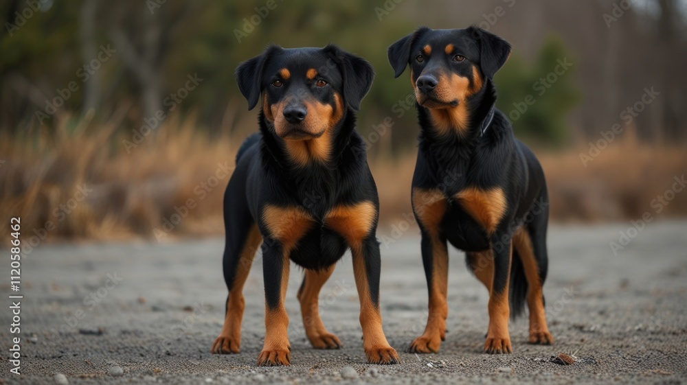 Two black and tan dogs standing side-by-side outdoors. Two black and tan dogs standing side-by-side outdoors.