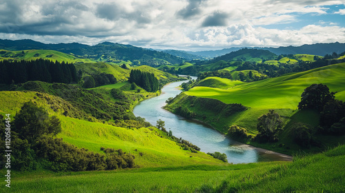 Lush green hills and serene river landscape under cloudy sky