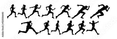 Run. Running men and women, vector set of isolated silhouettes
