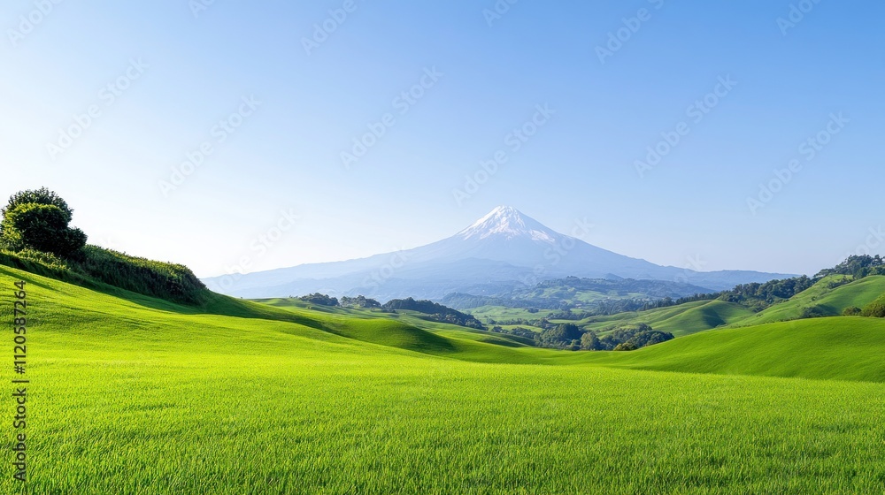 Fototapeta premium Scenic view of rolling green hills with a mountain backdrop.