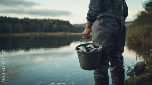 Fototapeta Naklejka Na Ścianę i Meble -  Fisherman with a bucket of freshly caught fish, standing next to a lake generative ai