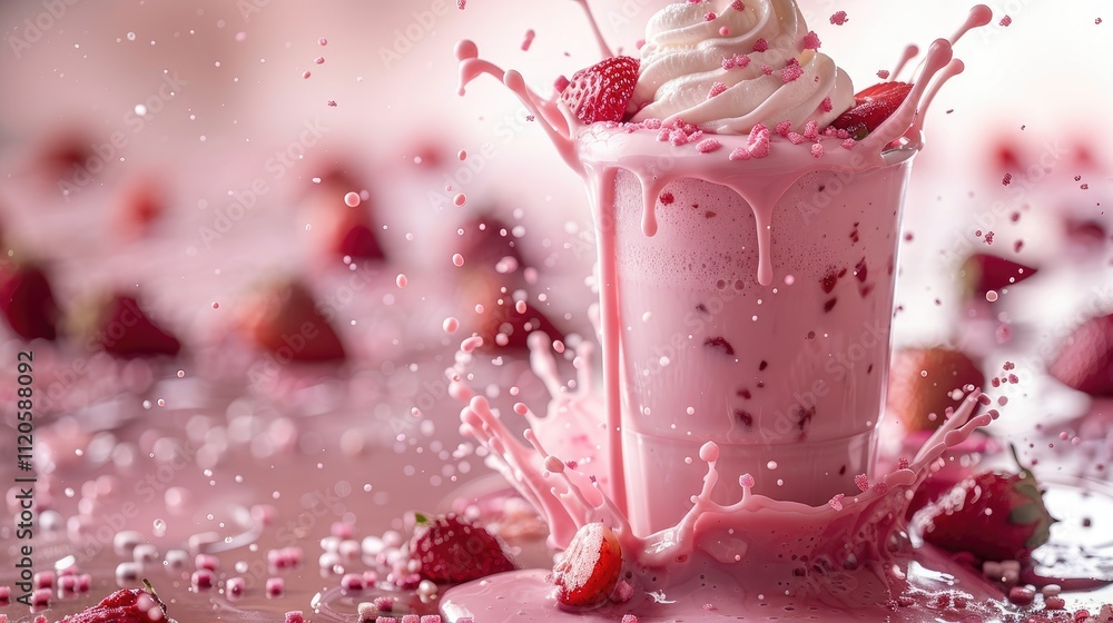 Strawberry milkshake splashing, whipped cream, sprinkles, and fresh strawberries. Strawberry milkshake splashing, whipped cream, sprinkles, and fresh strawberries.
