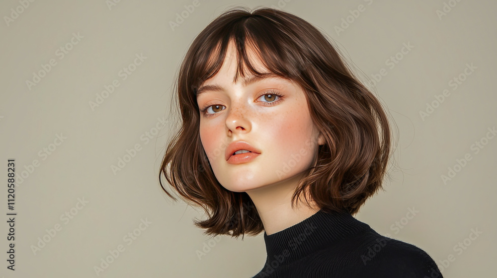 Young caucasian female with short brown hair and black turtleneck Young caucasian female with short brown hair and black turtleneck