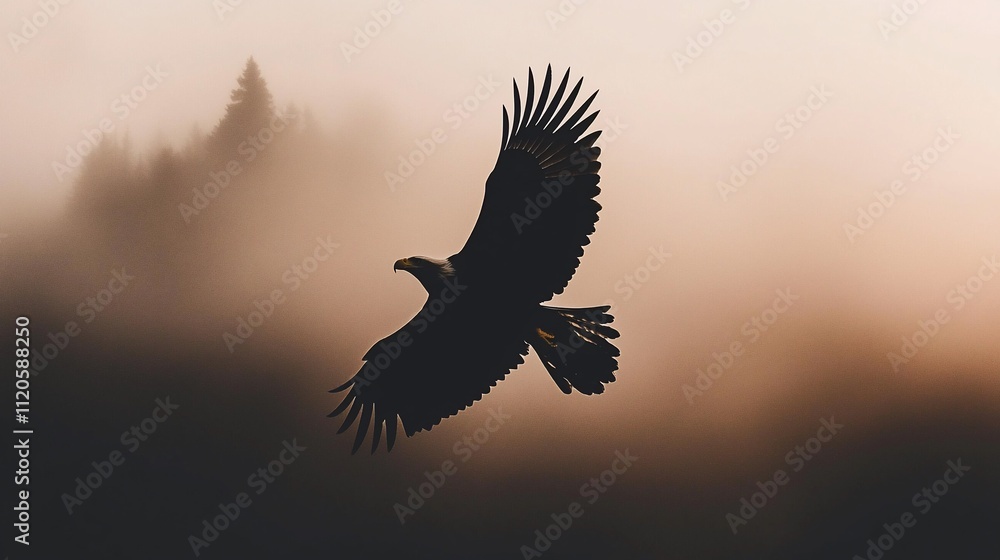 Fototapeta premium Majestic eagle in flight, silhouetted against a misty forest backdrop at dawn.