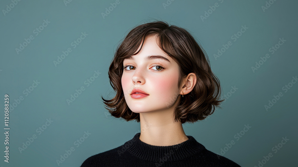Caucasian young female with short brown hair against green background Caucasian young female with short brown hair against green background