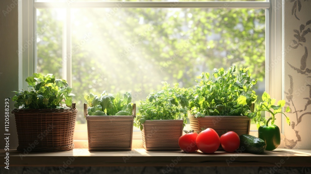 Three containers of fresh vegetables on a windowsill.