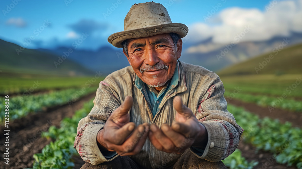 Smiling south american farmer showing his hands in cultivated field with mountains in background Smiling south american farmer showing his hands in cultivated field with mountains in background