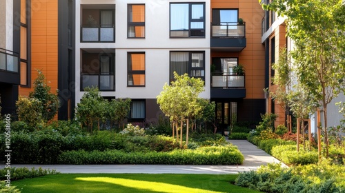 Urban modern apartment complex featuring contemporary landscape design. The residential building facade features waterwise landscaping with drought-resistant shrubs and trees. photo