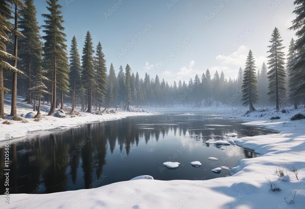 Obraz premium A snowy forest landscape with tall pine trees and a frozen lake in the distance, serene scenery, tall pine trees