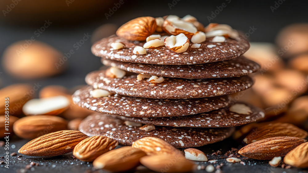 Stack of chocolate almond cookies on dark background Stack of chocolate almond cookies on dark background