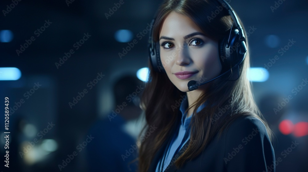 A photo of a girl in a call center using technology A photo of a girl in a call center using technology