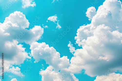 A bright blue sky filled with fluffy white clouds, creating a serene and uplifting atmosphere.