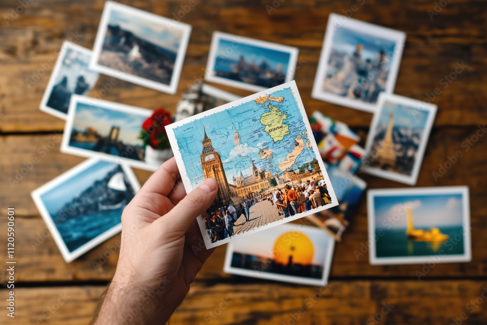 Hand holding travel postcard with Big Ben and vintage maps surrounded by travel-themed photos on wooden table Hand holding travel postcard with Big Ben and vintage maps surrounded by travel-themed photos on wooden table