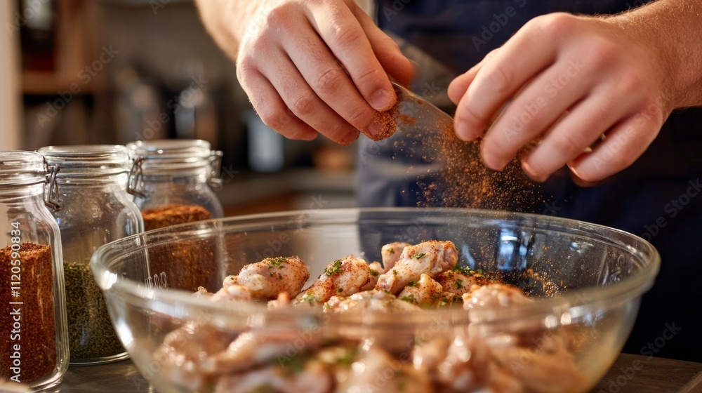 Hands coating chicken wings with spices in large bowl, seasoning jars in background, cozy kitchen generative ai Hands coating chicken wings with spices in large bowl, seasoning jars in background, cozy kitchen generative ai