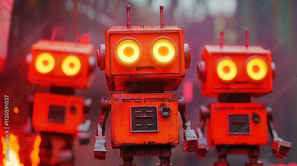 Fototapeta premium Futuristic Red Robots with Glowing Eyes in a Dystopian Industrial Setting