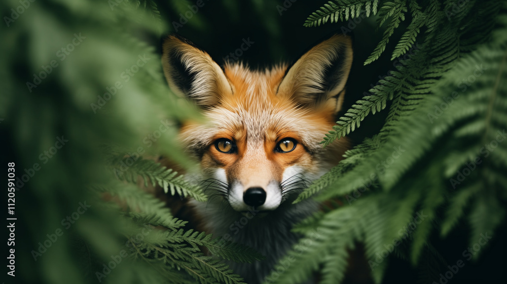 Obraz premium Captivating wildlife scene: wild red fox spotted among fern leaves in a dense forest