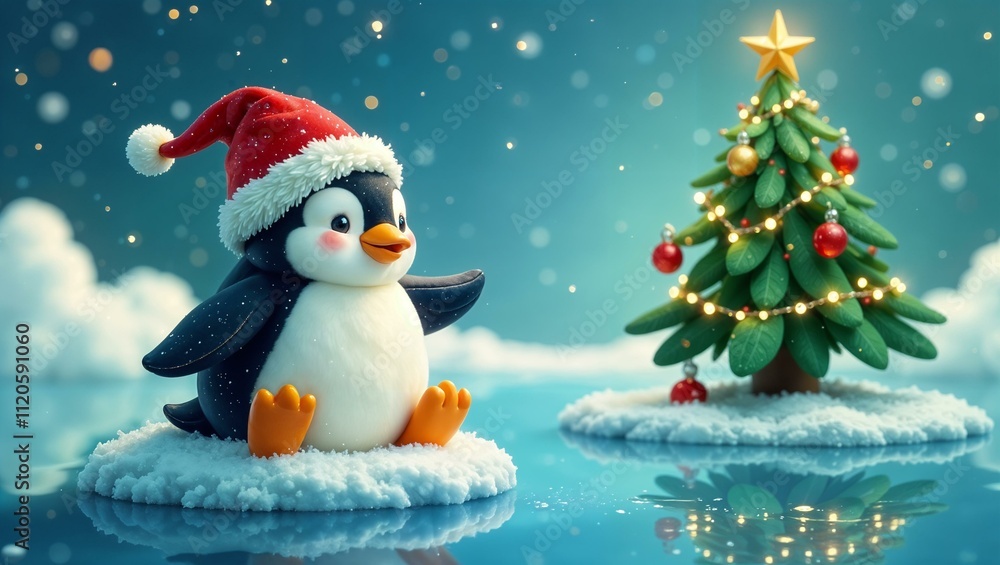 Cute penguin in a red Christmas hat floats on an ice floe to a decorated Christmas tree. Christmas greetings. Travel concept Cute penguin in a red Christmas hat floats on an ice floe to a decorated Christmas tree. Christmas greetings. Travel concept
