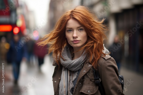Wallpaper Mural A woman with red hair and a scarf is walking down a street Torontodigital.ca