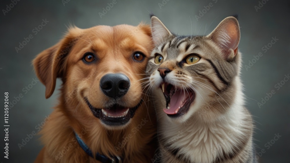Happy dog and cat cuddling together. Happy dog and cat cuddling together.