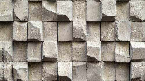 Textured concrete cubes in geometric pattern on urban wall