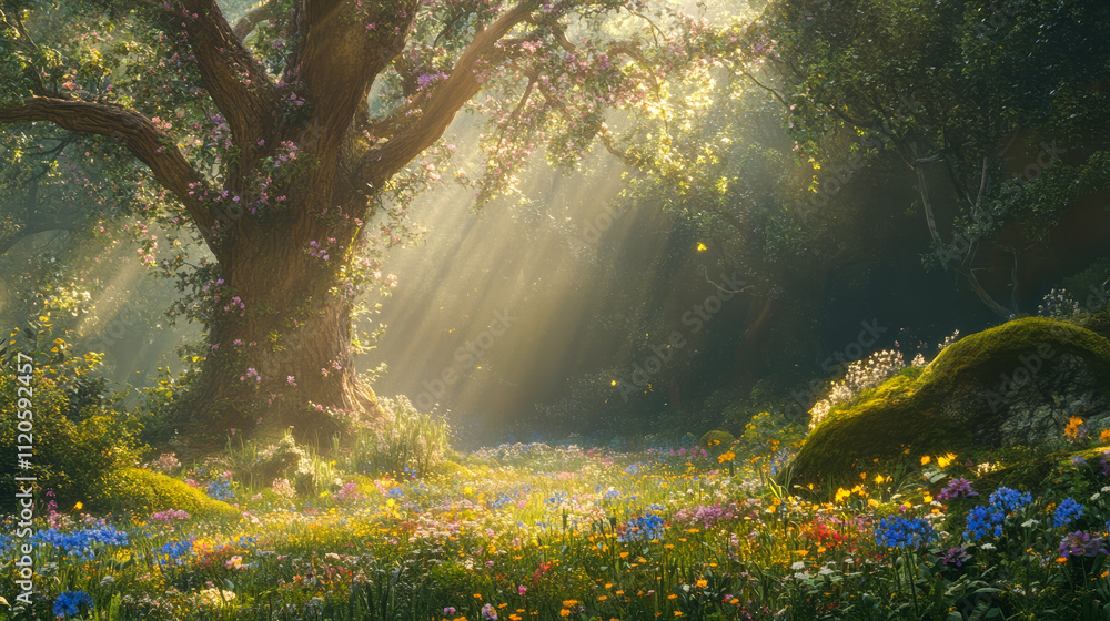 Enchanting sunlit forest with majestic tree and wildflower meadow Enchanting sunlit forest with majestic tree and wildflower meadow