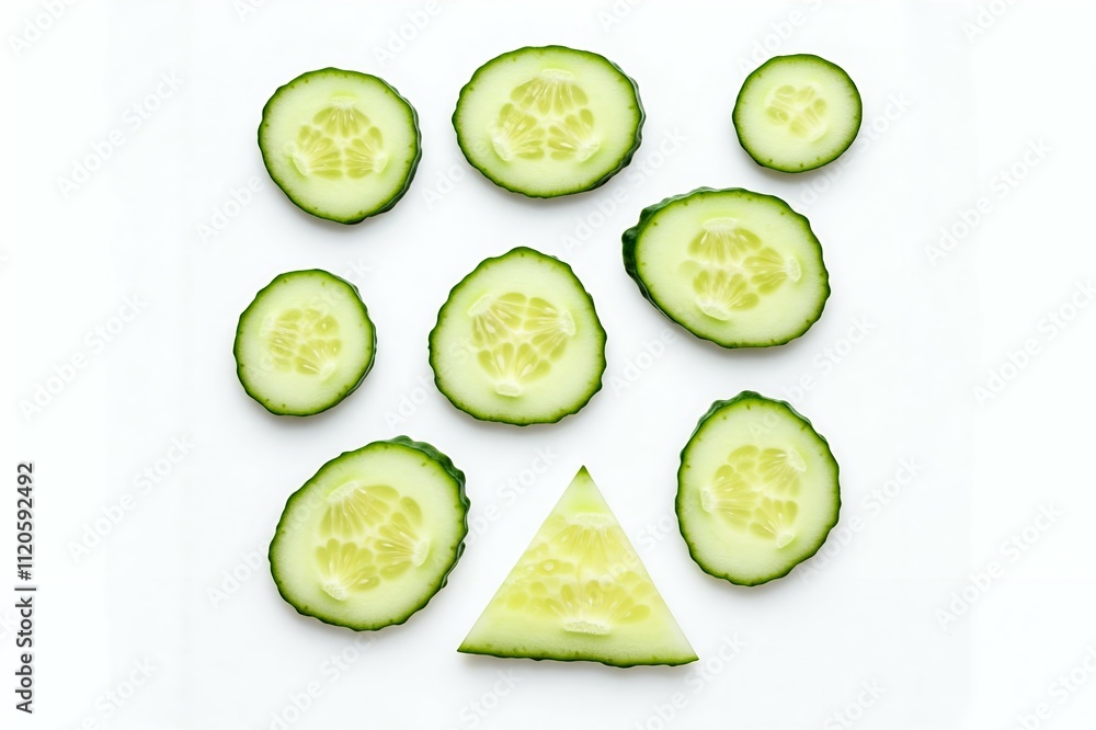 Multiple slices and pieces of cucumber arranged in various patterns against a white background. Multiple slices and pieces of cucumber arranged in various patterns against a white background.