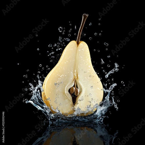 Realistic Pear Slice with Water Splash on Black Background photo