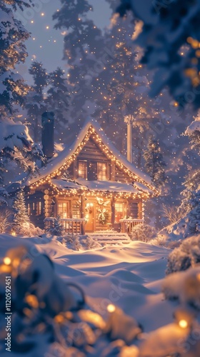 Snowy forest with a log cabin adorned with Christmas lights, rustic wallpaper