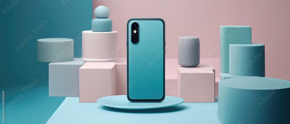 Modern Smartphone Displayed Amid Geometric Shapes in Pastel Tones Modern Smartphone Displayed Amid Geometric Shapes in Pastel Tones