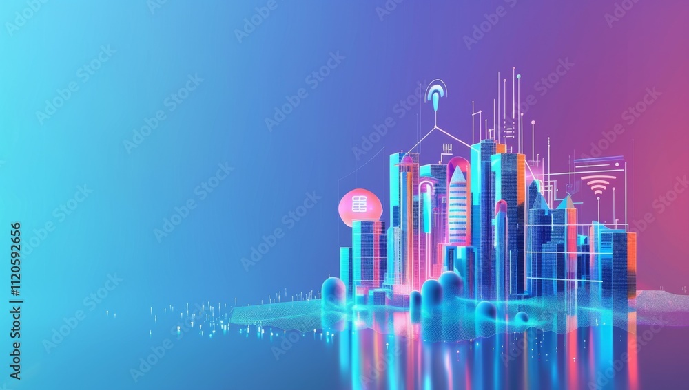 Fototapeta premium Digital cityscape with network nodes symbolizes smart city connectivity.