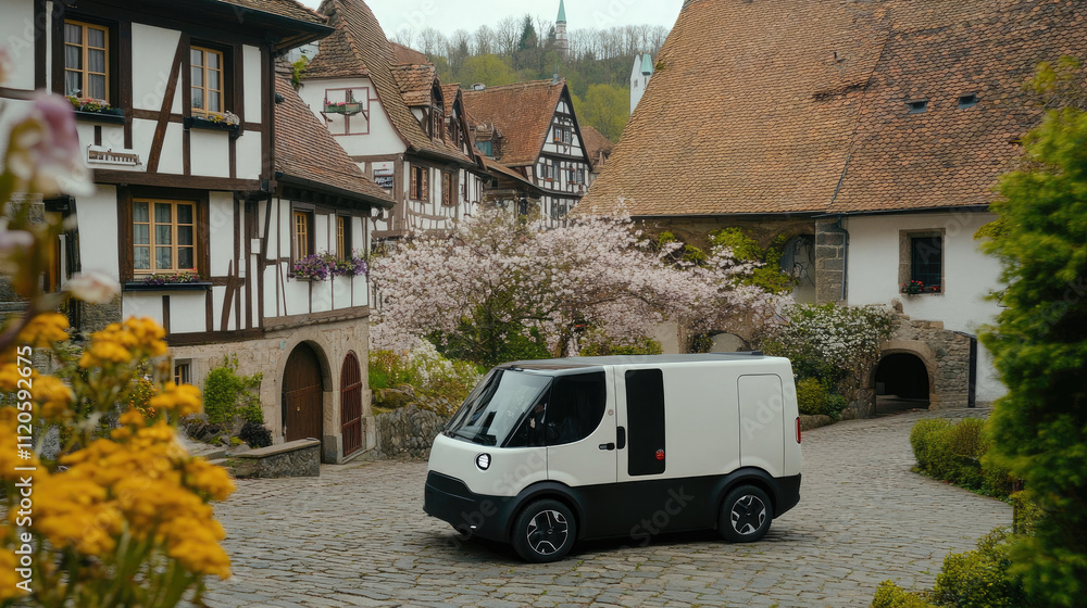Obraz premium Electric Van on Cobblestone Street in Picturesque European Village