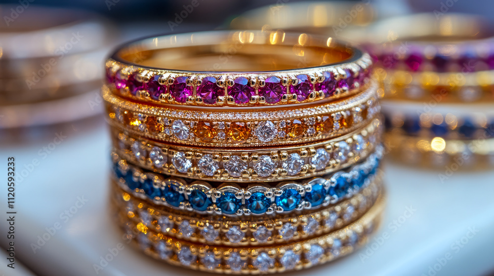 Vibrant stacked gemstone rings with diamonds in gold settings Vibrant stacked gemstone rings with diamonds in gold settings