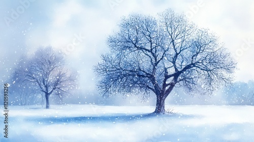 Two bare trees in a snowy field under a hazy winter sky.