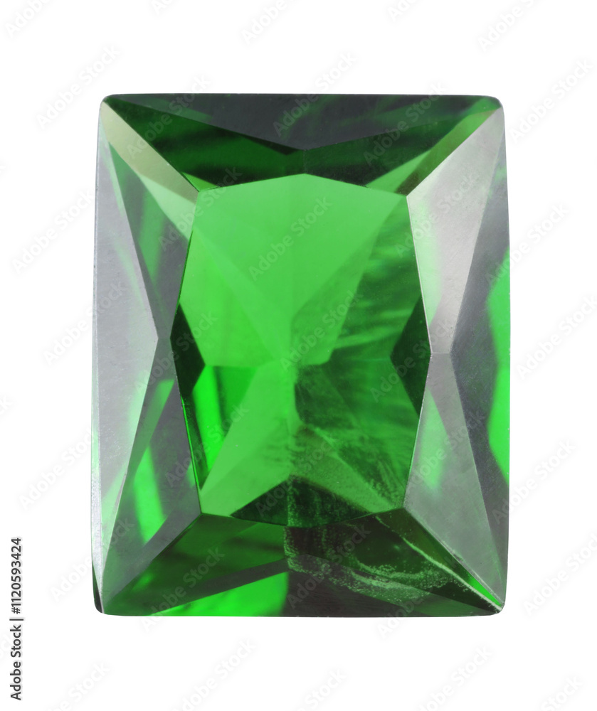 One shiny green gemstone isolated on white, top view One shiny green gemstone isolated on white, top view
